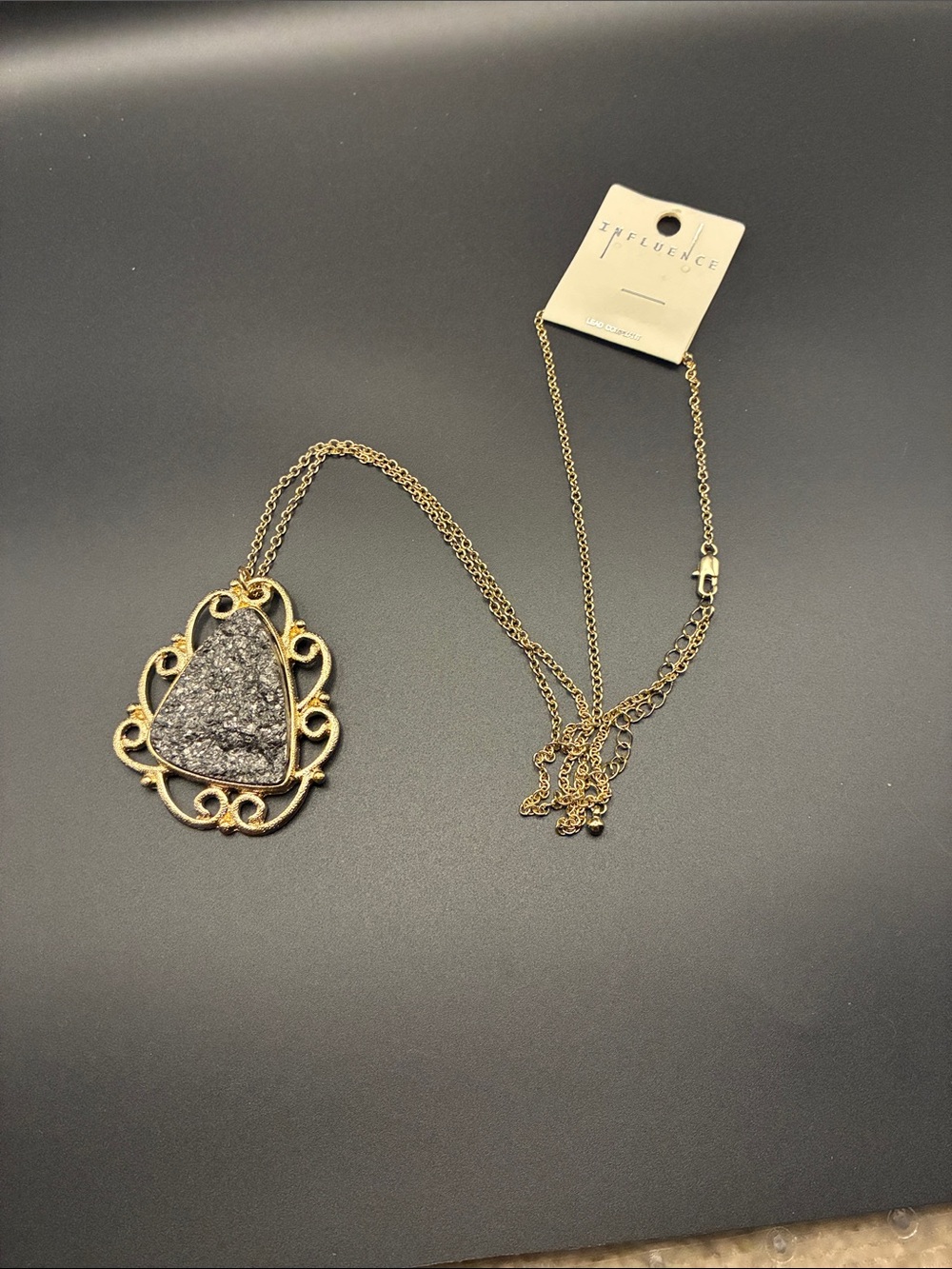 Gold-Tone Necklace with Silver Druzy Teardrop Pendant by Influence